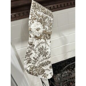 April Cornell Felicity Gold‎  Toile Floral Christmas Stocking Crocheted Flower